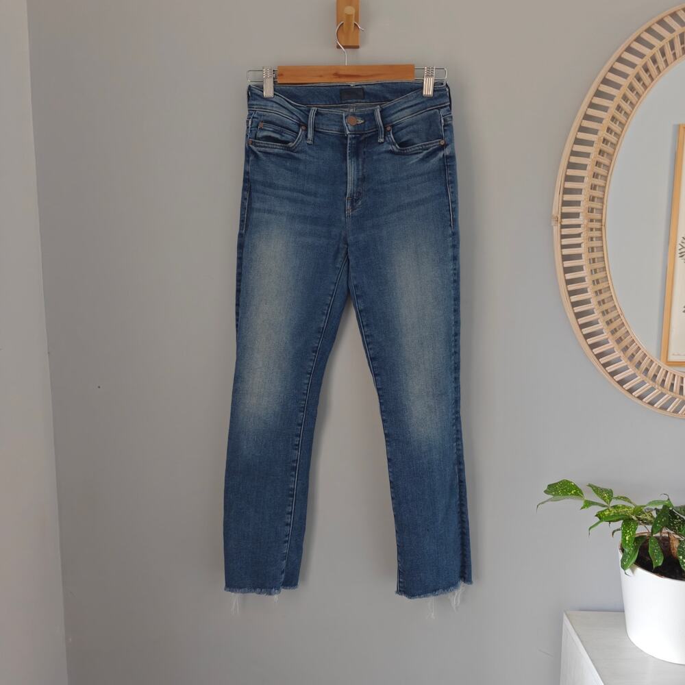 MOTHER Rascal Crop Fray Hop On Hop Off Jeans Straight Leg Medium Blue 26